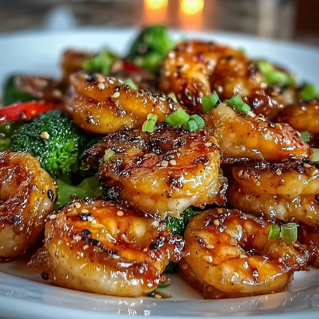 High-protein honey garlic shrimp served with vegetables on a plate