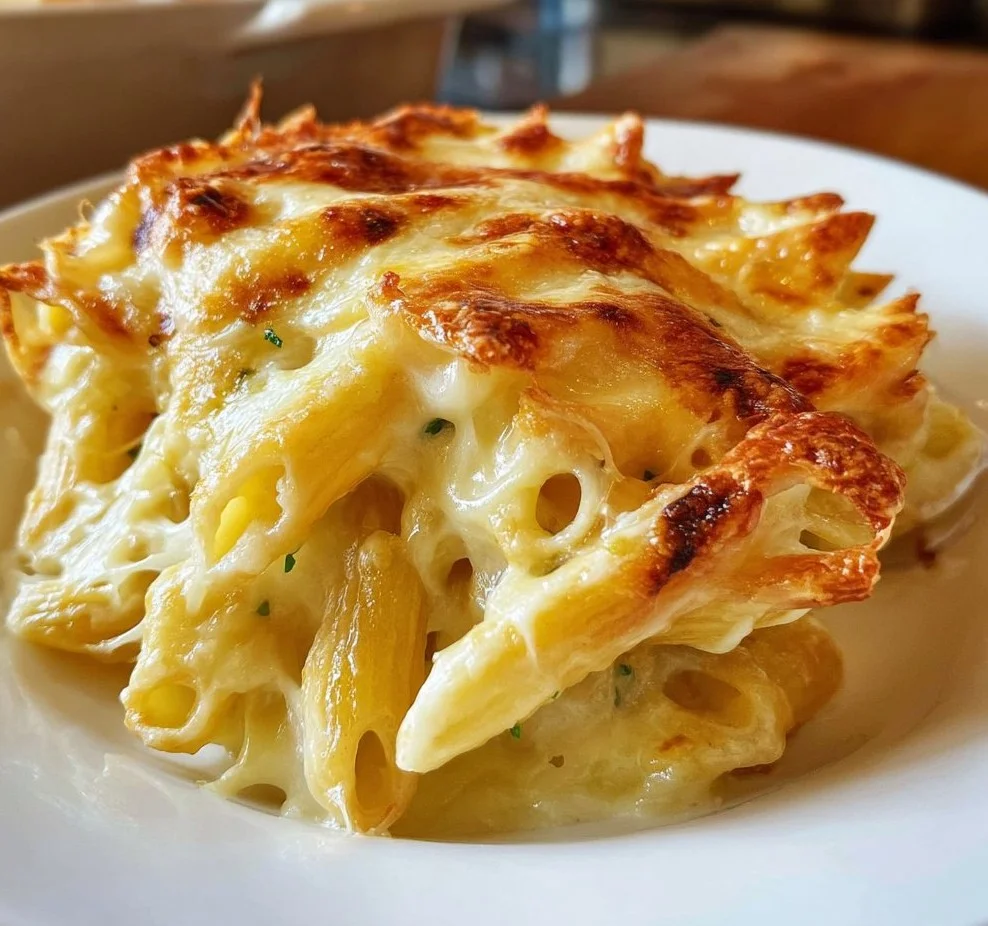 Delicious Homemade Alfredo Pasta Bake with creamy sauce and cheese