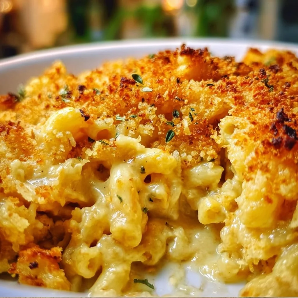 Homemade baked mac and cheese in a baking dish, gooey and cheesy goodness.