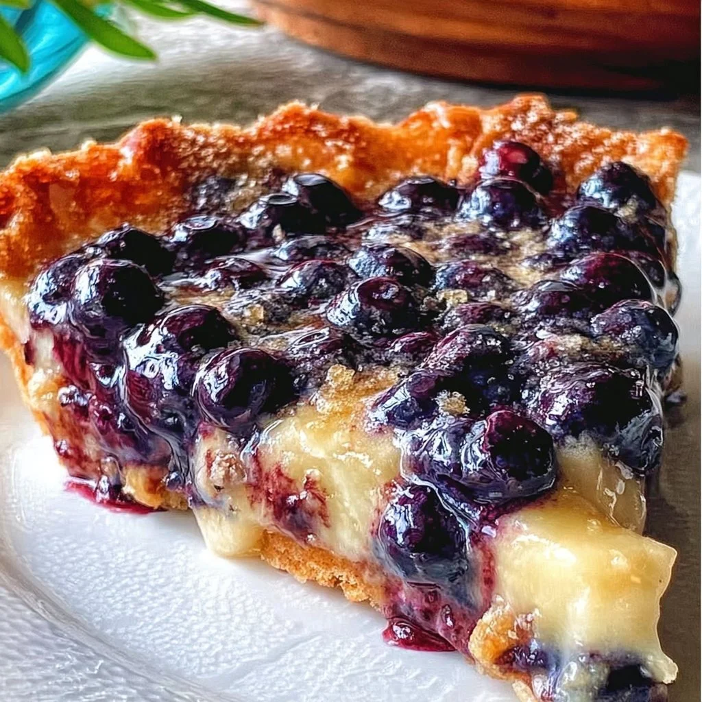 Homemade blueberry custard pie with fresh blueberries and creamy filling