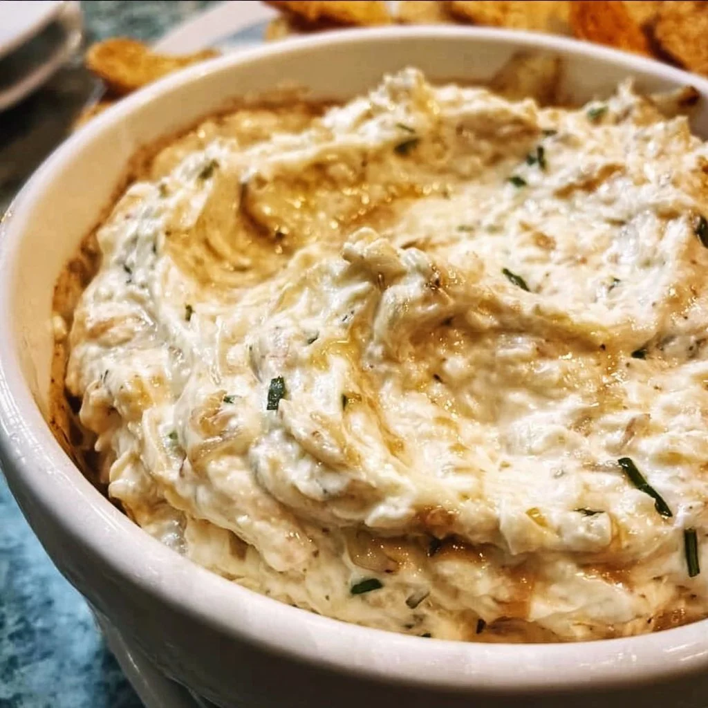 Bowl of homemade onion dip served with fresh vegetables and crackers.