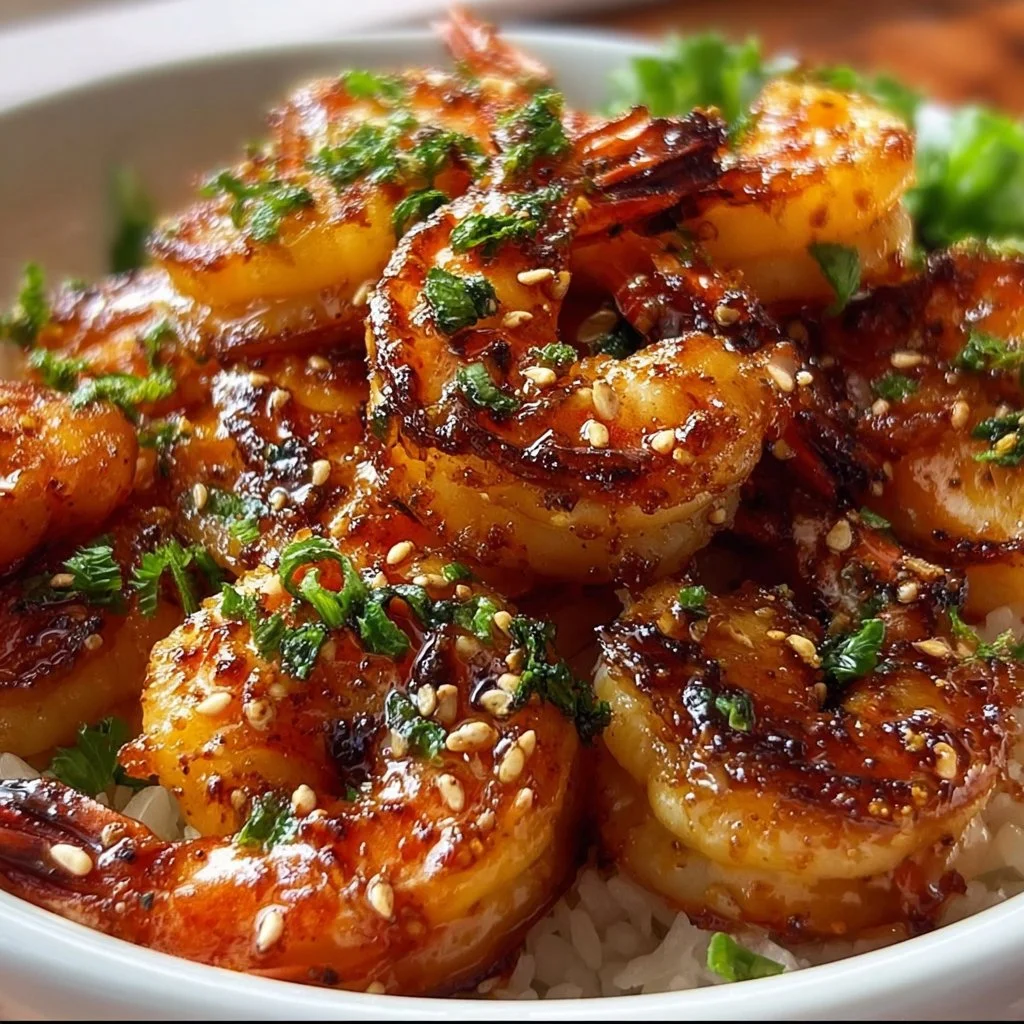 Delicious honey garlic shrimp served in a vibrant bowl with vegetables and rice.