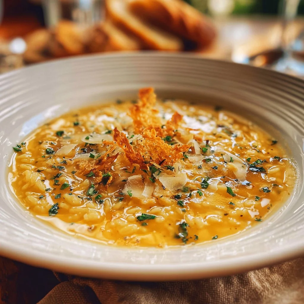 Bowl of Italian Penicillin Soup garnished with herbs and a slice of crusty bread