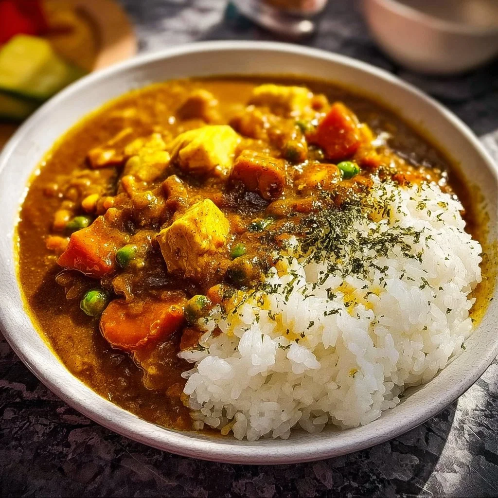 Bowl of flavorful Japanese curry rice with vegetables and meat served on a table
