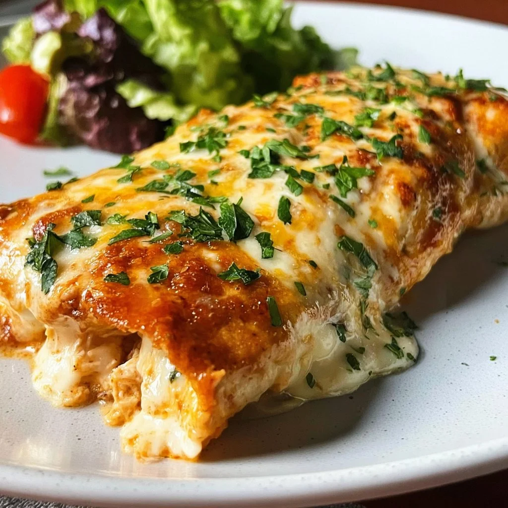 Plate of Jennifer Garner's extra-creamy chicken enchiladas topped with cheese and cilantro