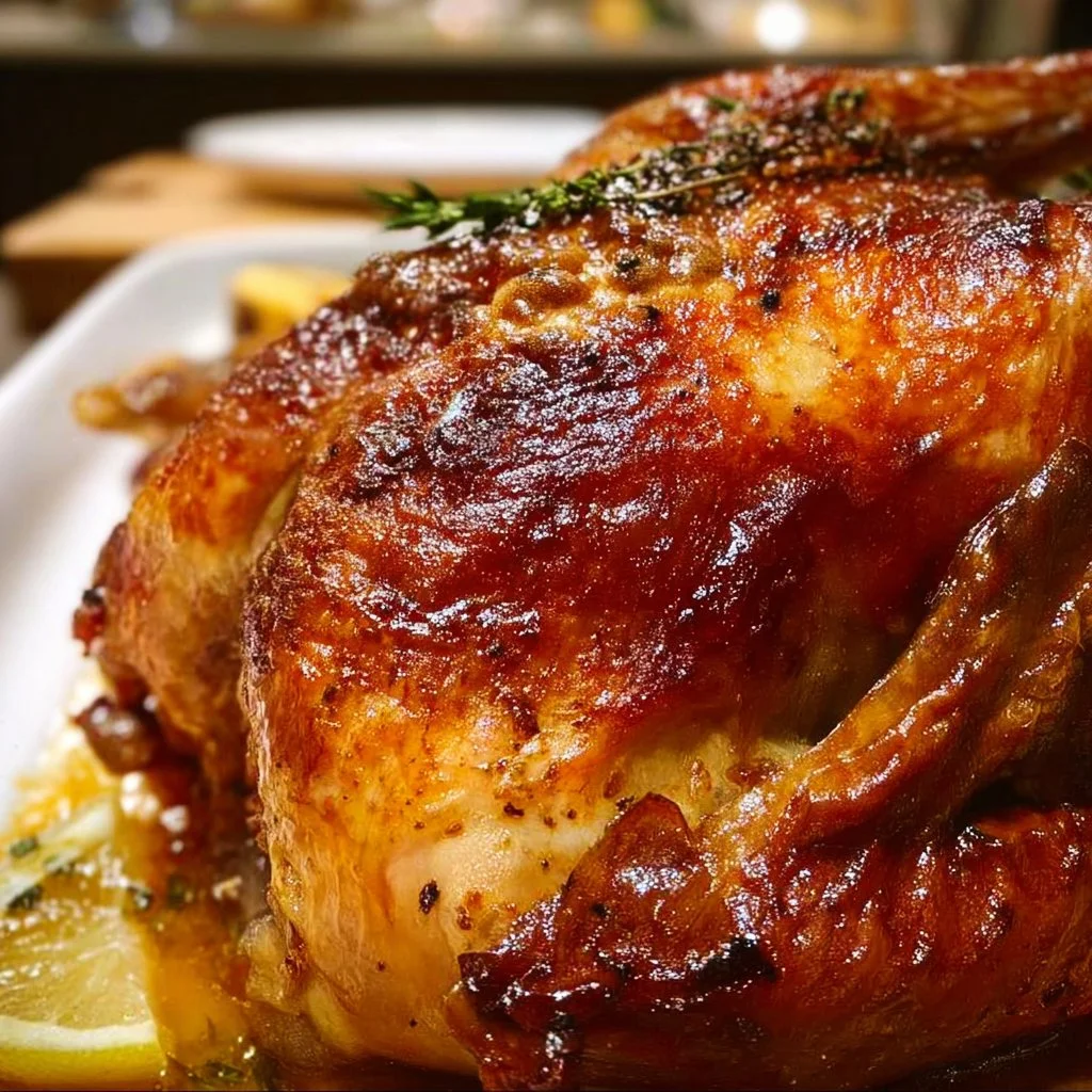 Juicy roasted turkey served with side dishes for a holiday feast.