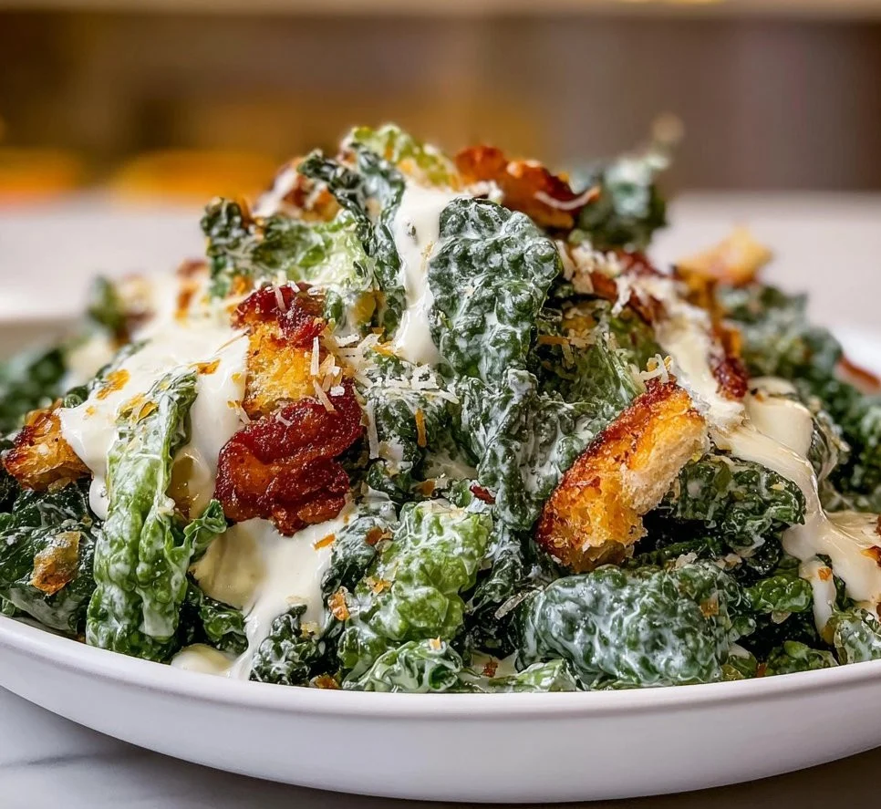 Healthy and vibrant Kale Caesar Salad with croutons and dressing