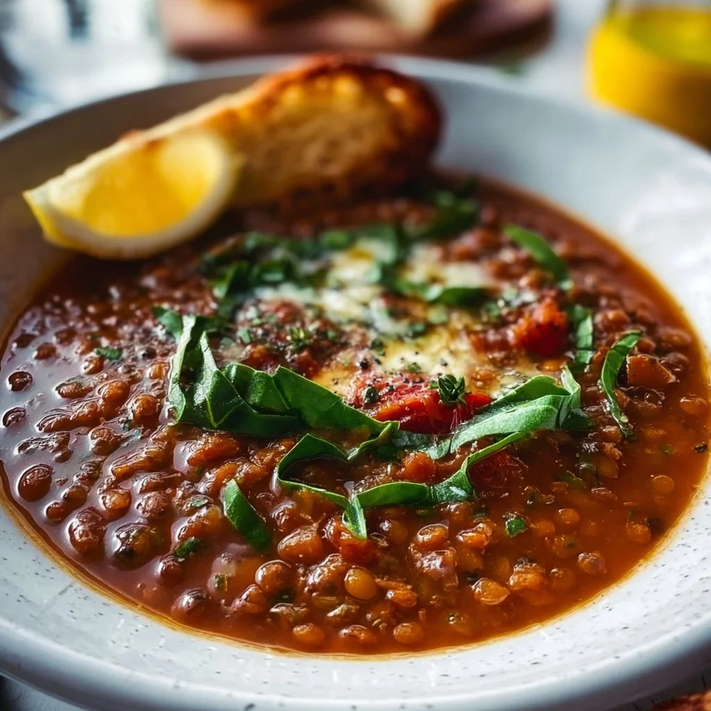 Bowl of hearty lentil soup garnished with fresh herbs.