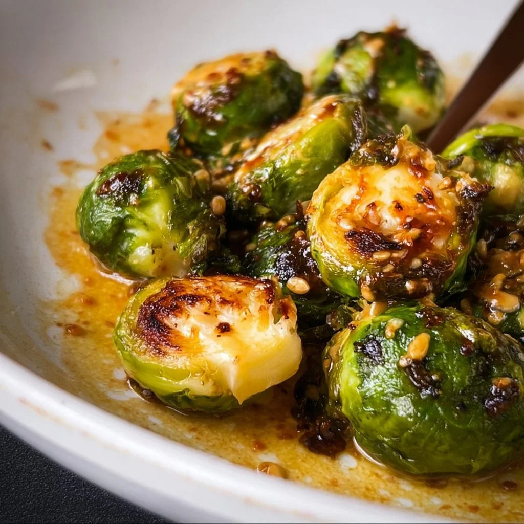 Miso-glazed Brussels sprouts served in a bowl garnished with sesame seeds.