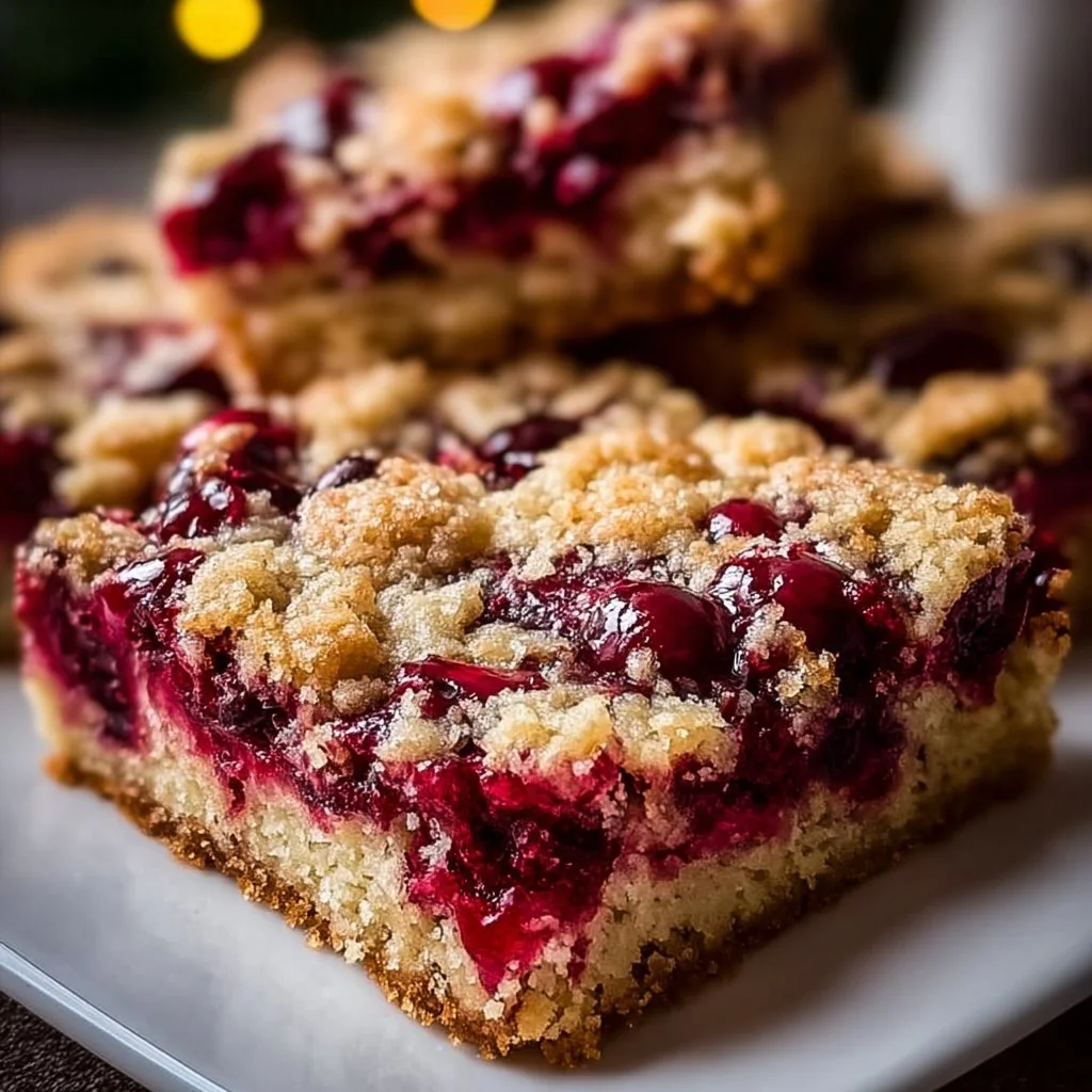 Moist Christmas cranberry bars topped with festive icing and cranberries.