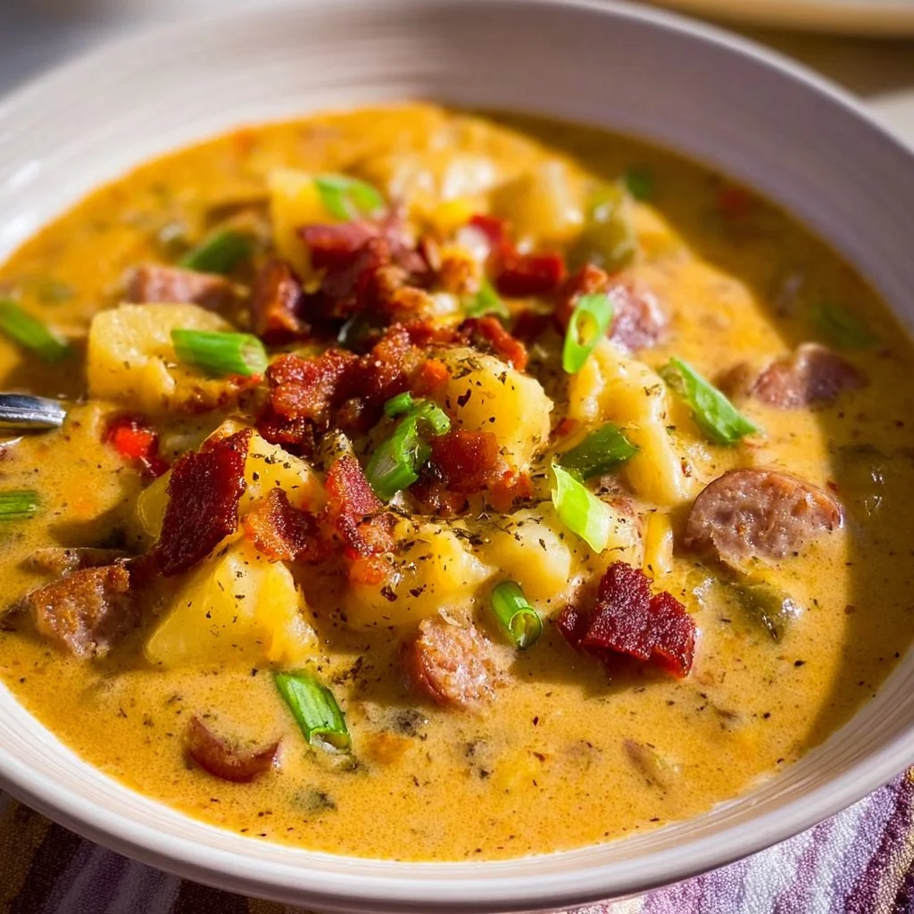 Delicious Cajun potato soup loaded with southern flavors and ingredients.