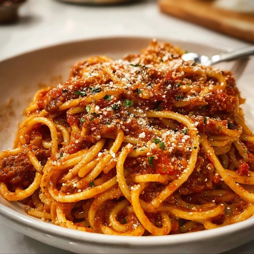 Bowl of mom's spaghetti served with herbs and parmesan cheese, perfect for breakfast.