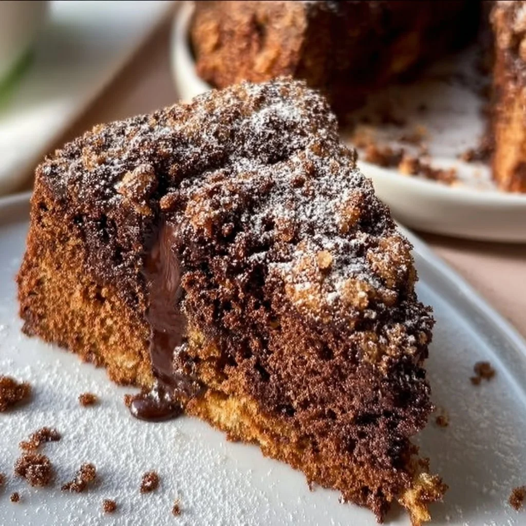 Nutty Chocolate Coffee Cake topped with nuts and chocolate drizzles