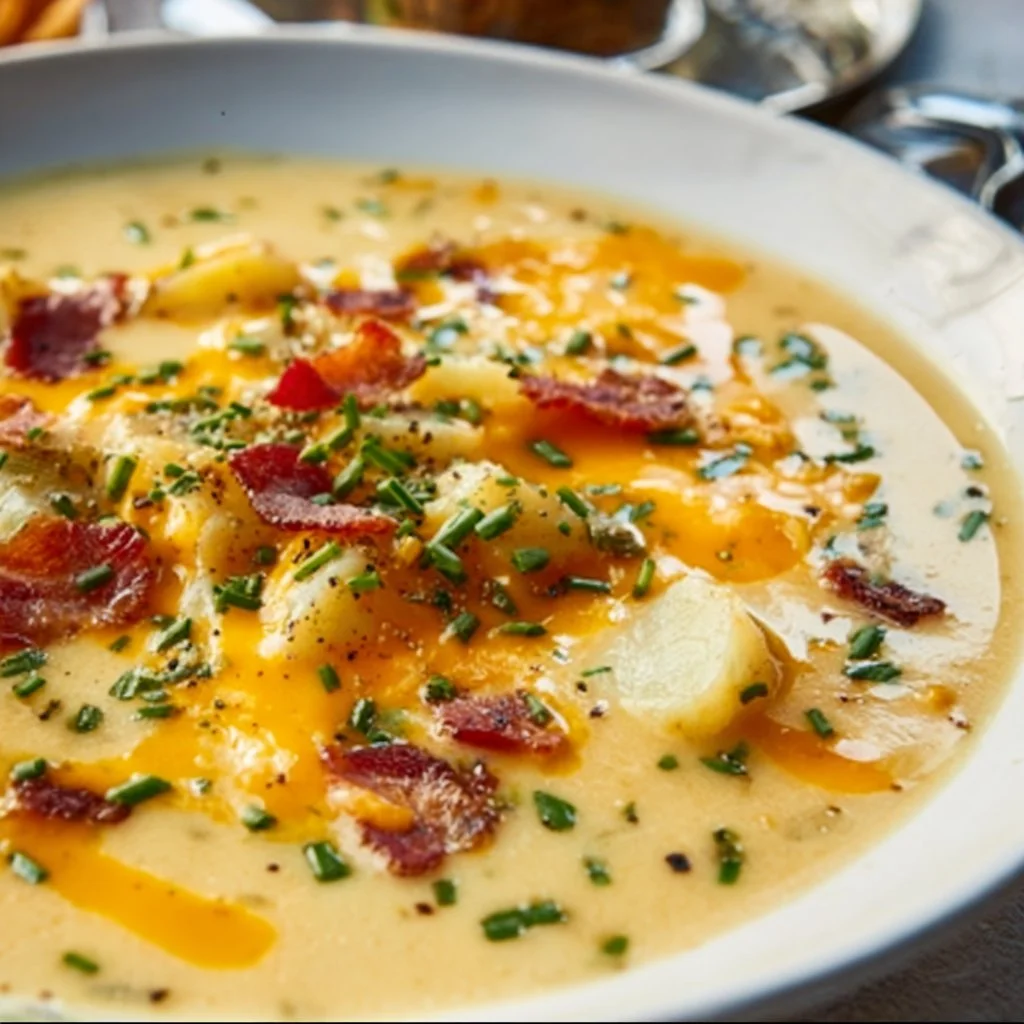 Delicious bowl of Outback potato soup garnished with herbs and spoon