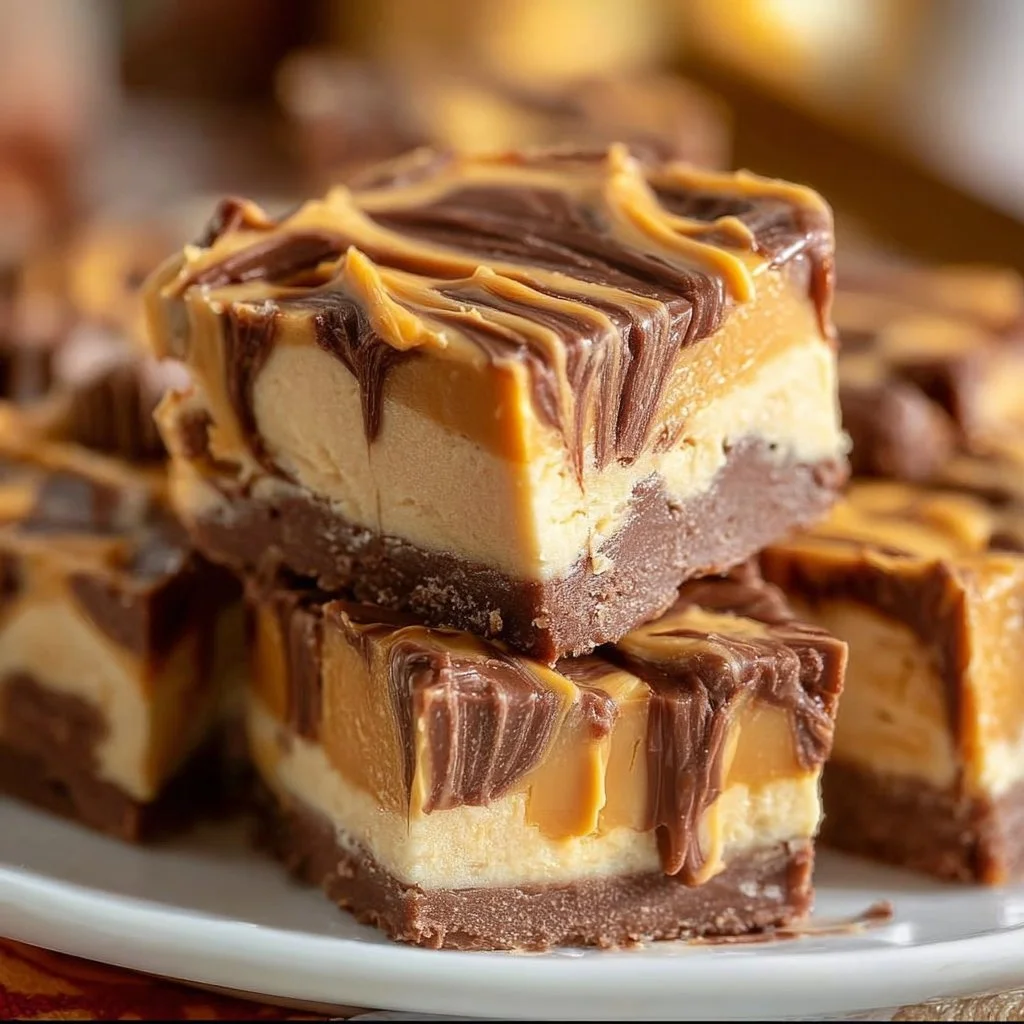 Delicious Peanut Butter Cup Cheesecake Fudge topped with chocolate
