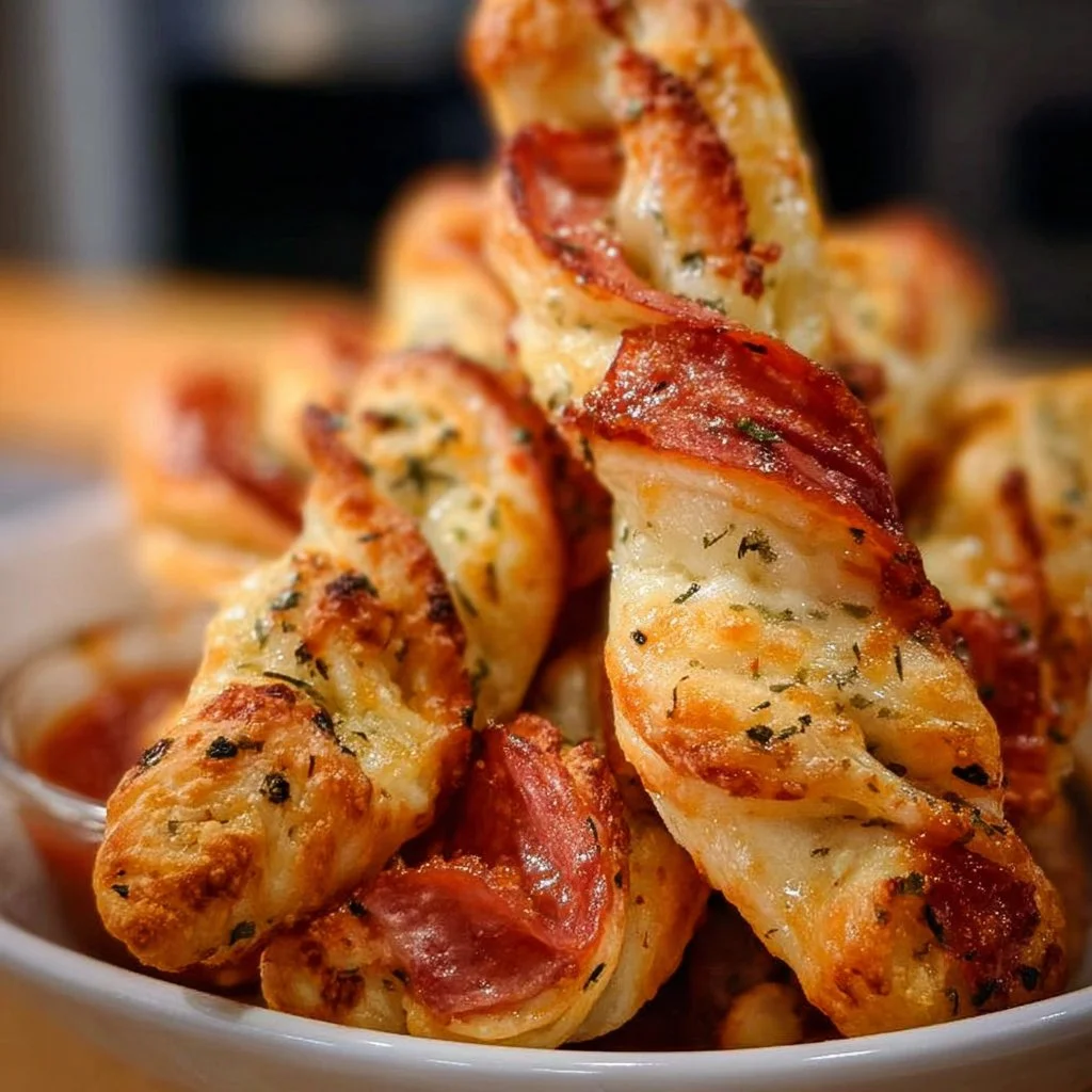 Pepperoni Pizza Twists fresh out of the oven, golden and cheesy with pepperoni.