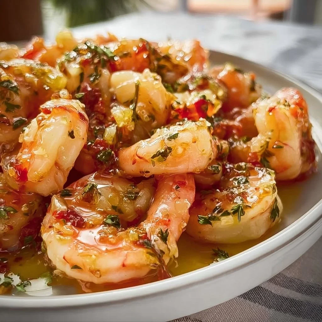 Delicious pickled shrimp served in a decorative dish with spices and herbs.