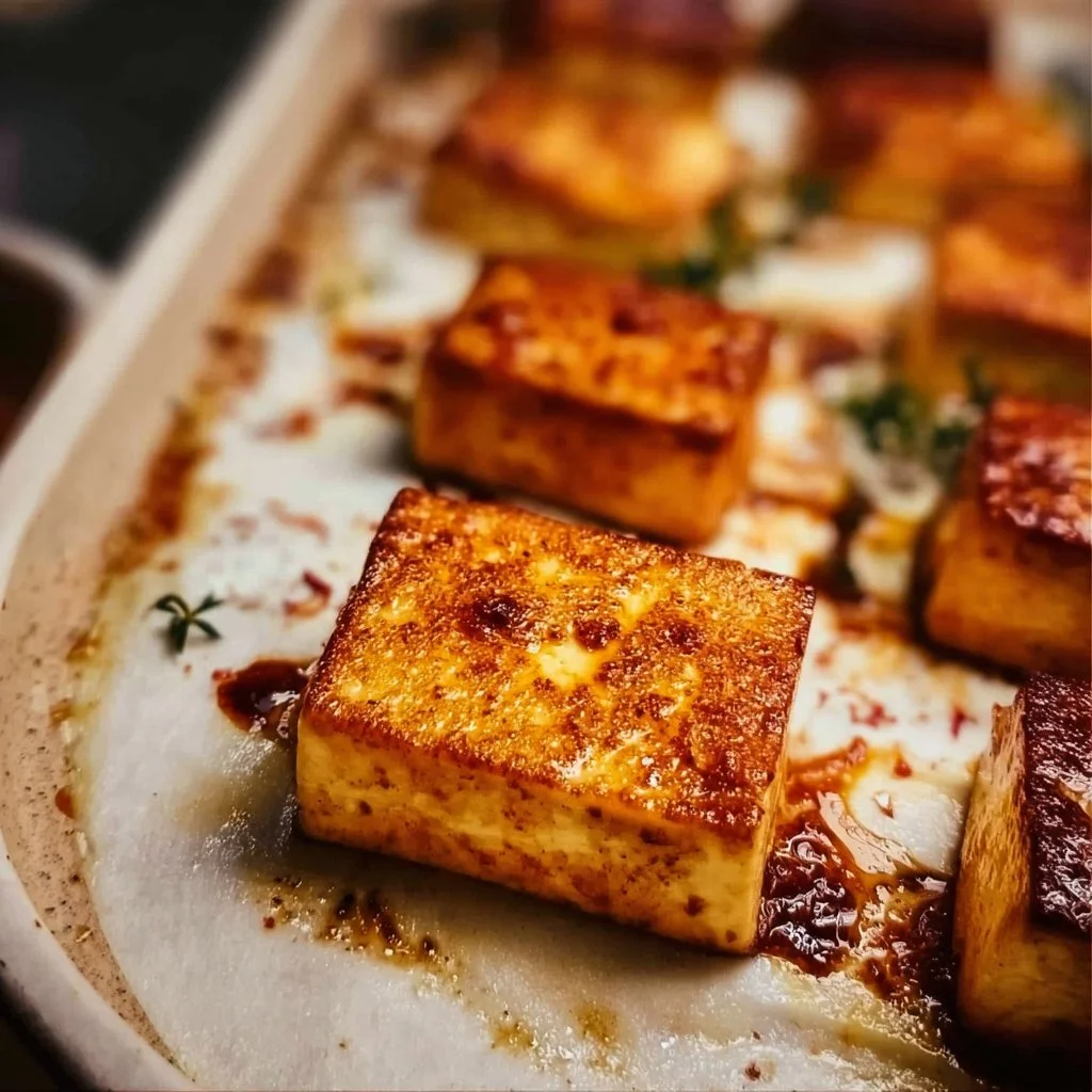 Crispy roasted tofu served with a side of vegetables