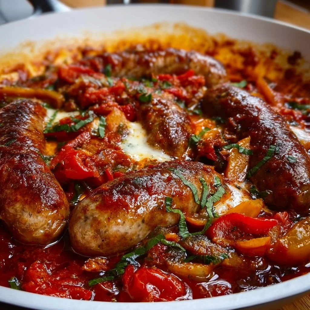 Sausage and Tomato Skillet served hot in a cast iron pan with herbs