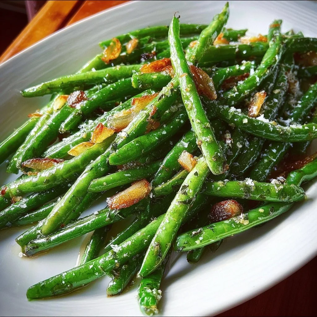 Sautéed green beans with garlic brown butter on a plate.