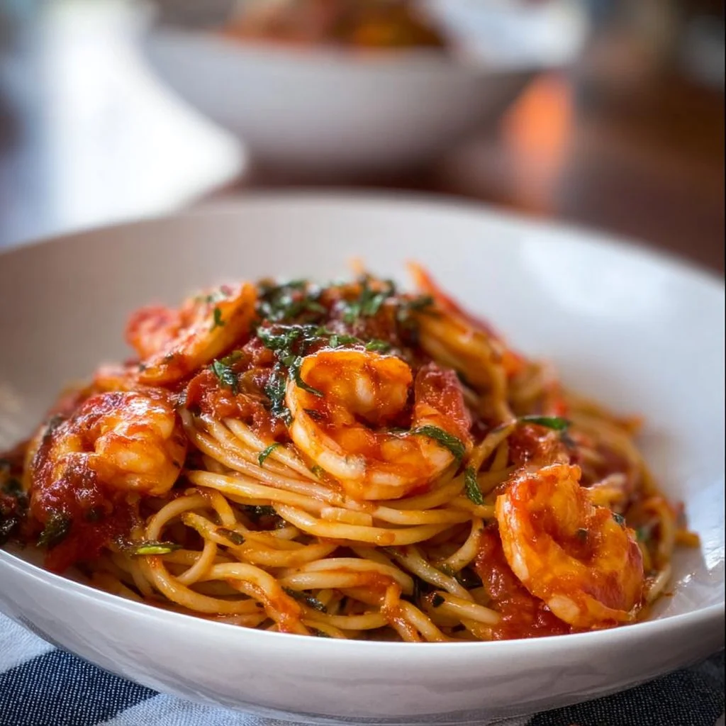 Plate of Shrimp Fra Diavolo with pasta and spicy tomato sauce