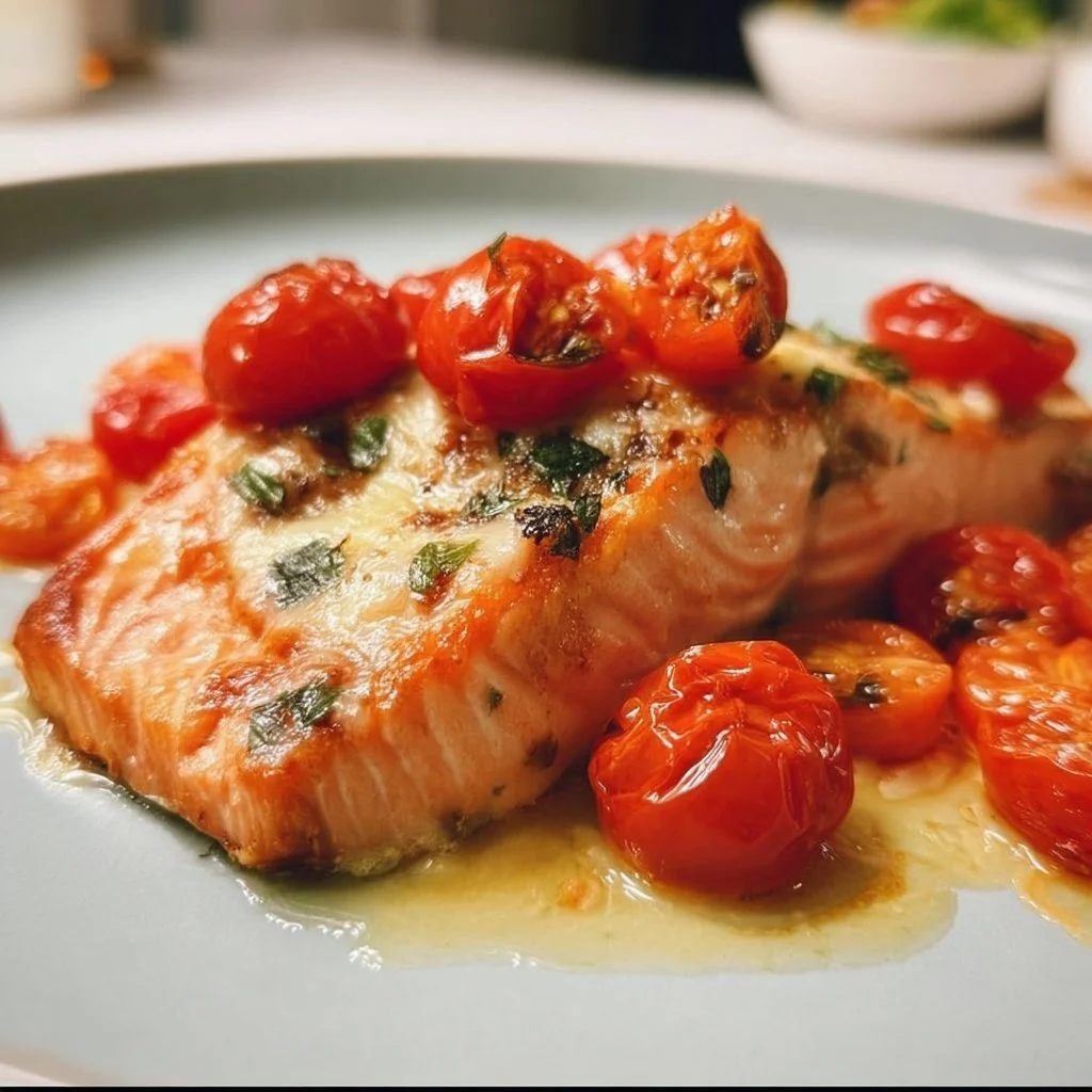 Slow baked salmon with cherry tomatoes on a platter