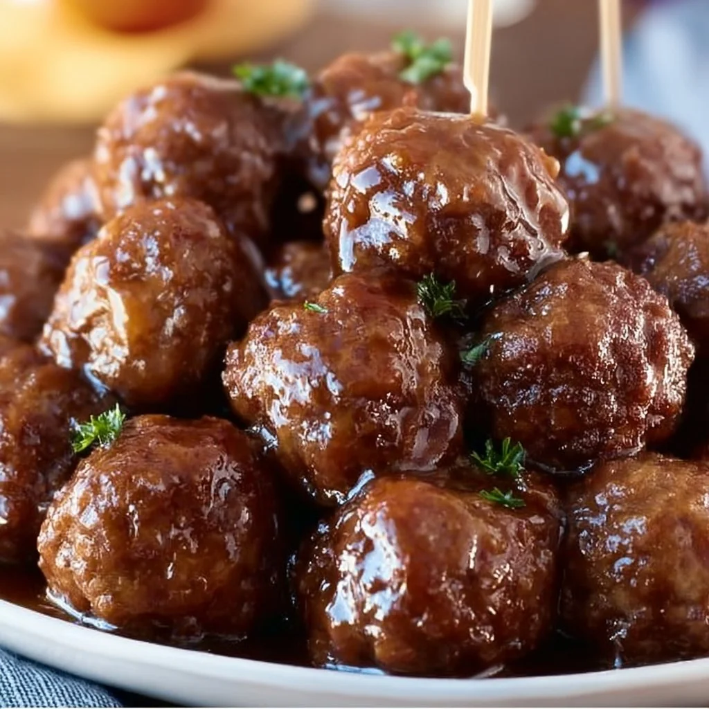 A plate of savory slow cooker cocktail meatballs garnished with herbs.