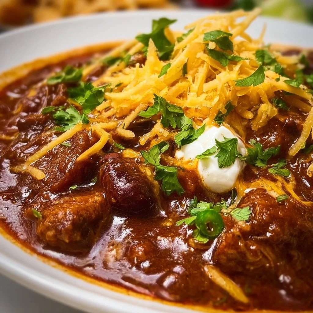 Delicious bowl of smoky brisket chili garnished with fresh herbs