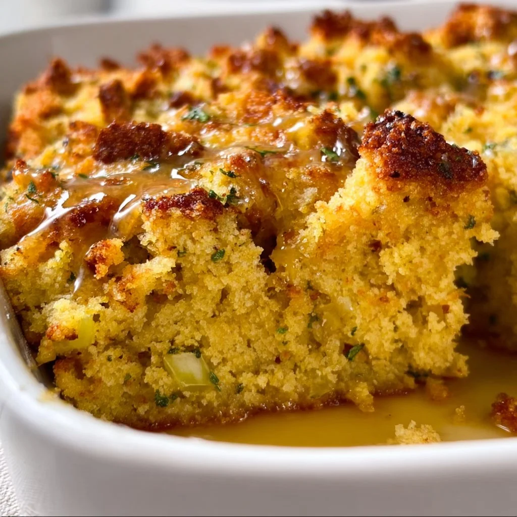 Delicious Southern-style cornbread dressing served in a bowl with herbs
