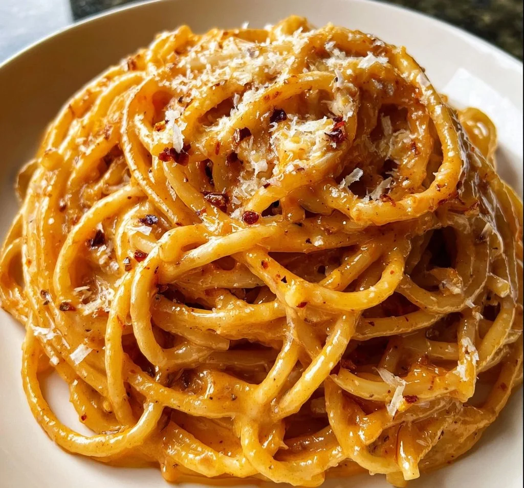 Plate of Spicy Cacio e Pepe pasta garnished with pepper and cheese.