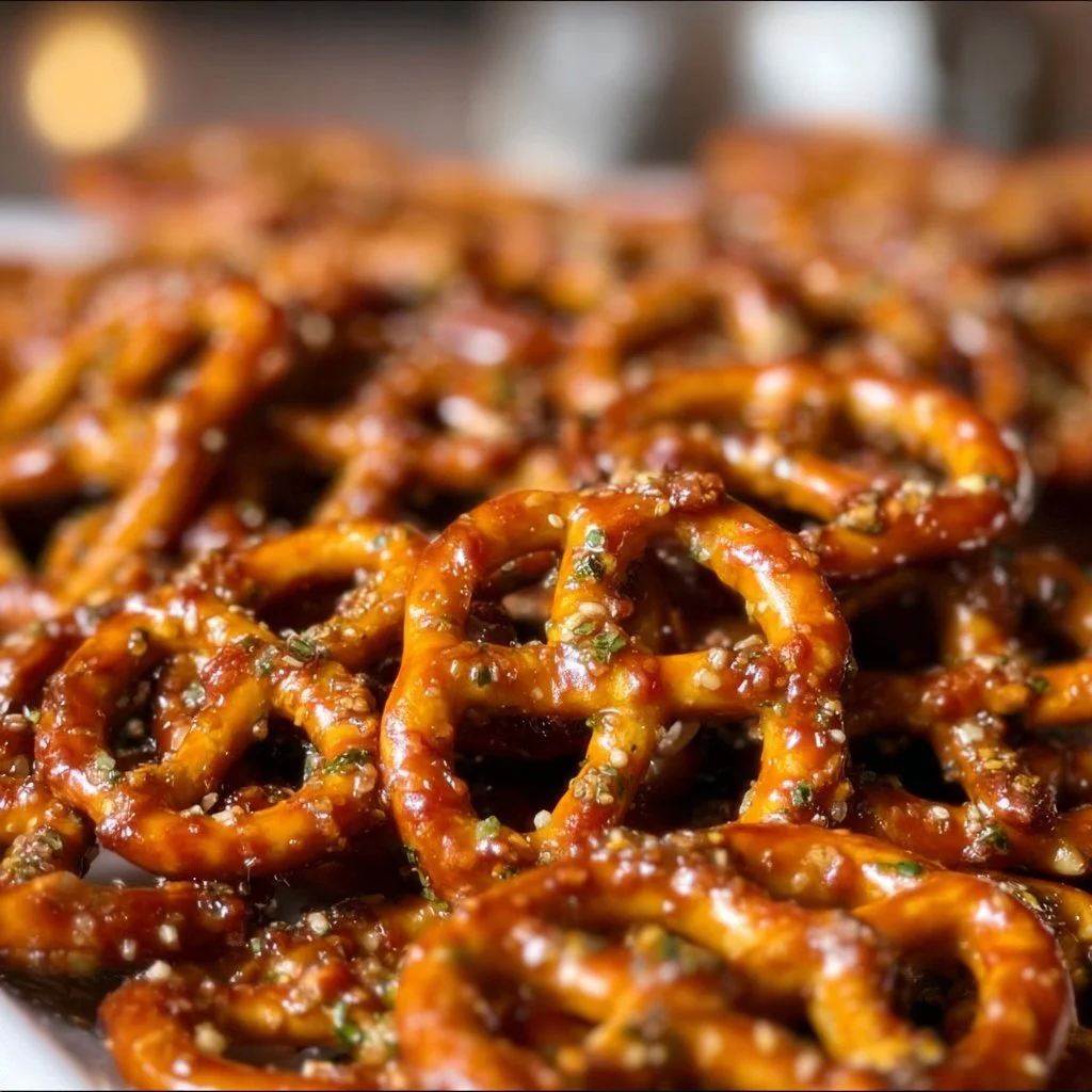 Bowl of Spicy Ranch Pretzels with zesty seasoning and crunchy texture