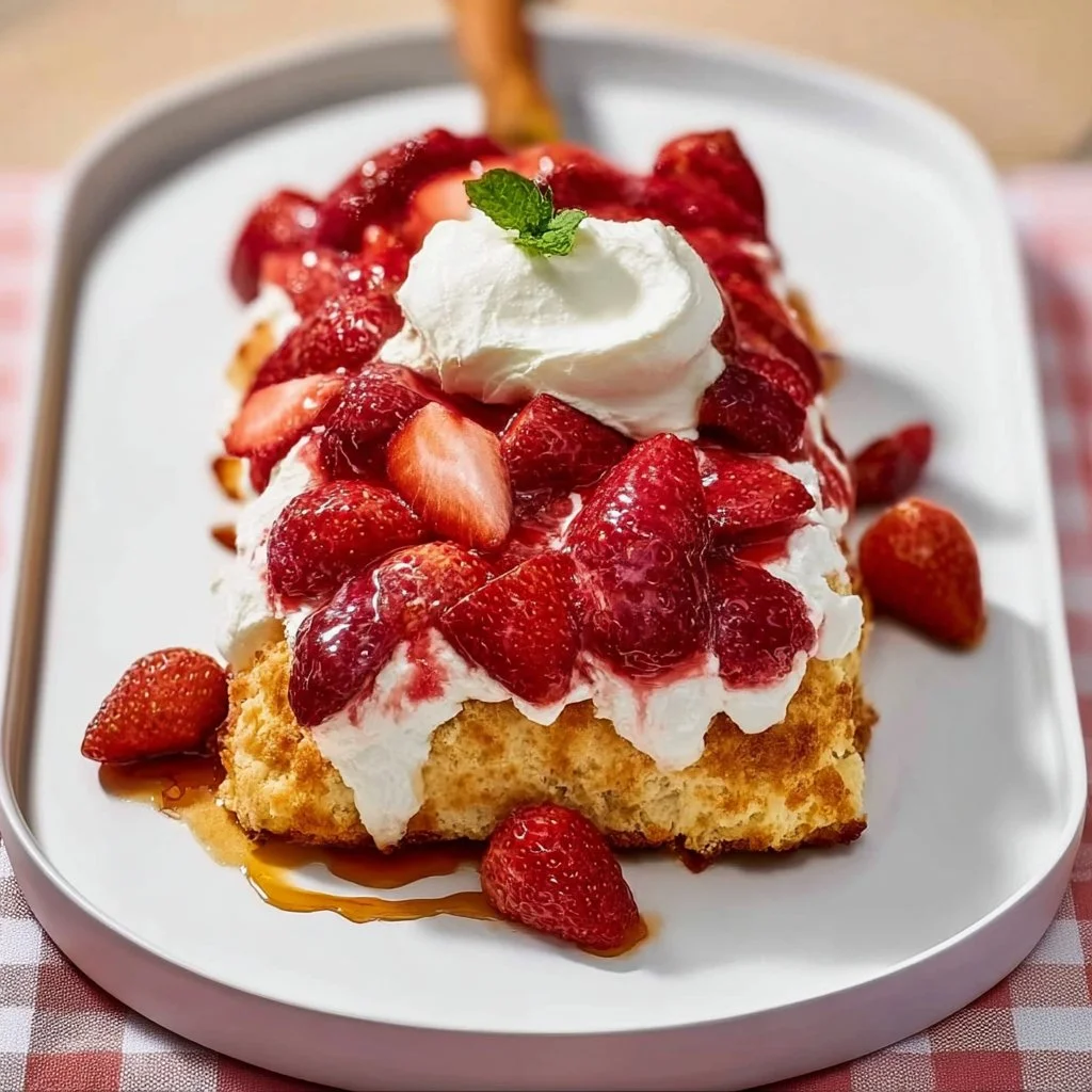 Delicious strawberry shortcake dessert for a crowd, served on a platter.