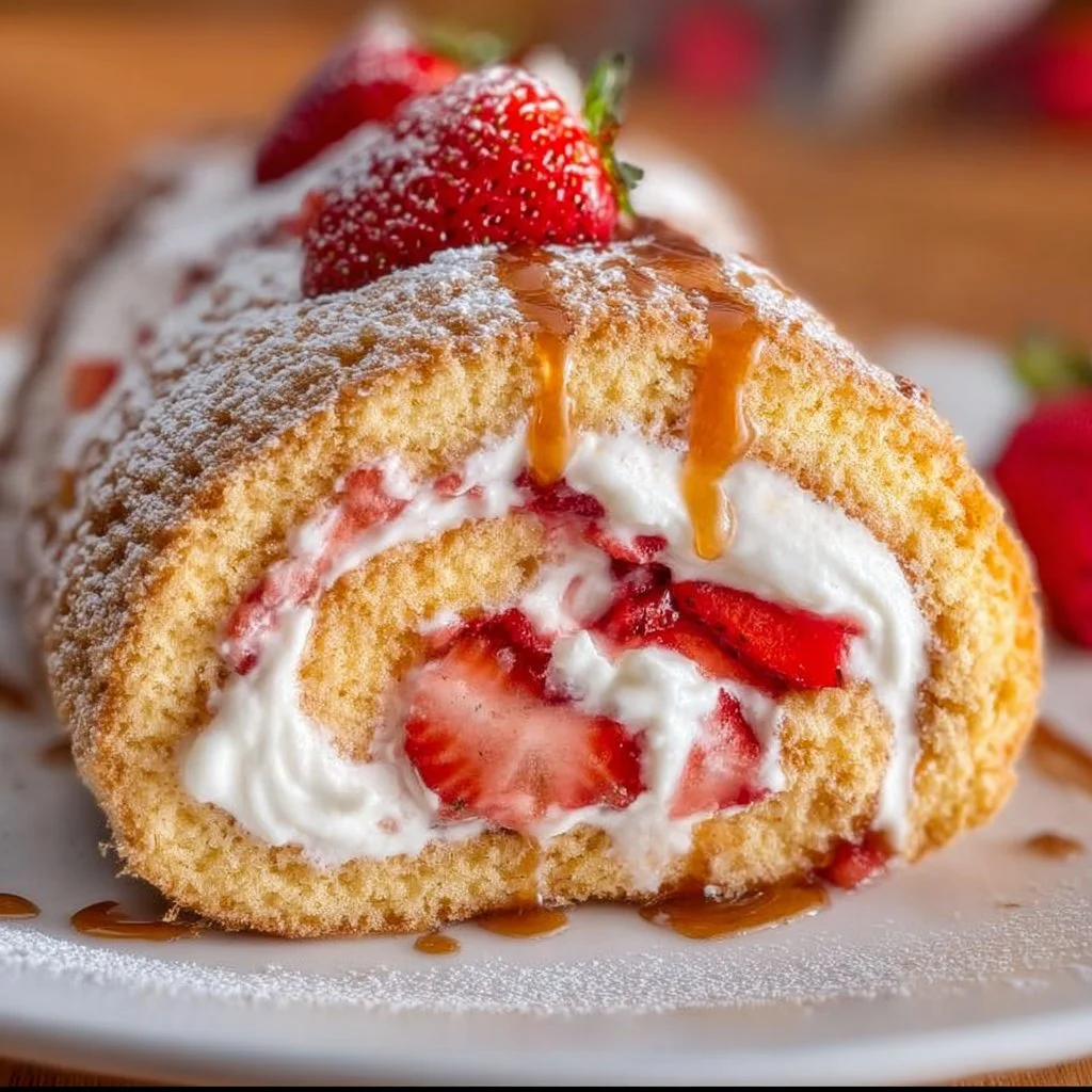 Delicious strawberry shortcake roulade dessert with fresh strawberries and cream.