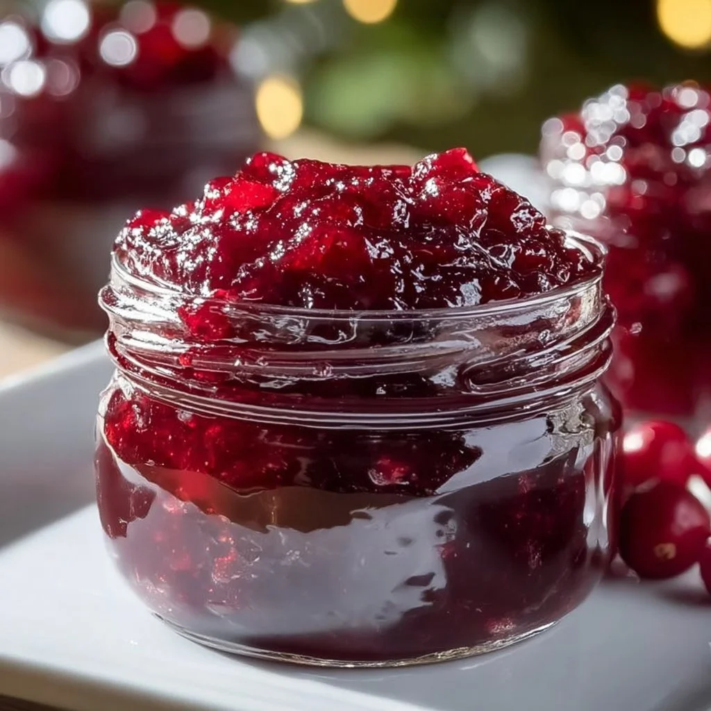 Jar of Sweet Christmas Cranberry Jam with fresh cranberries and spices.