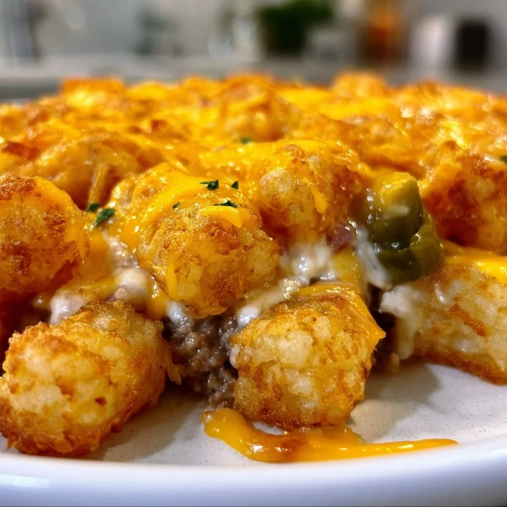 Homemade tater tot casserole baked with ground beef, cheese, and tater tots.