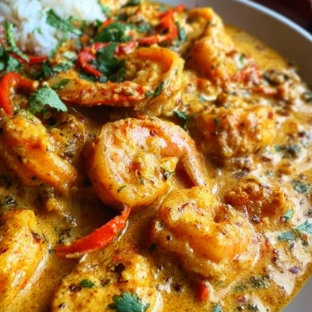 Bowl of Thai Coconut Shrimp Curry with shrimp, coconut milk, and herbs.