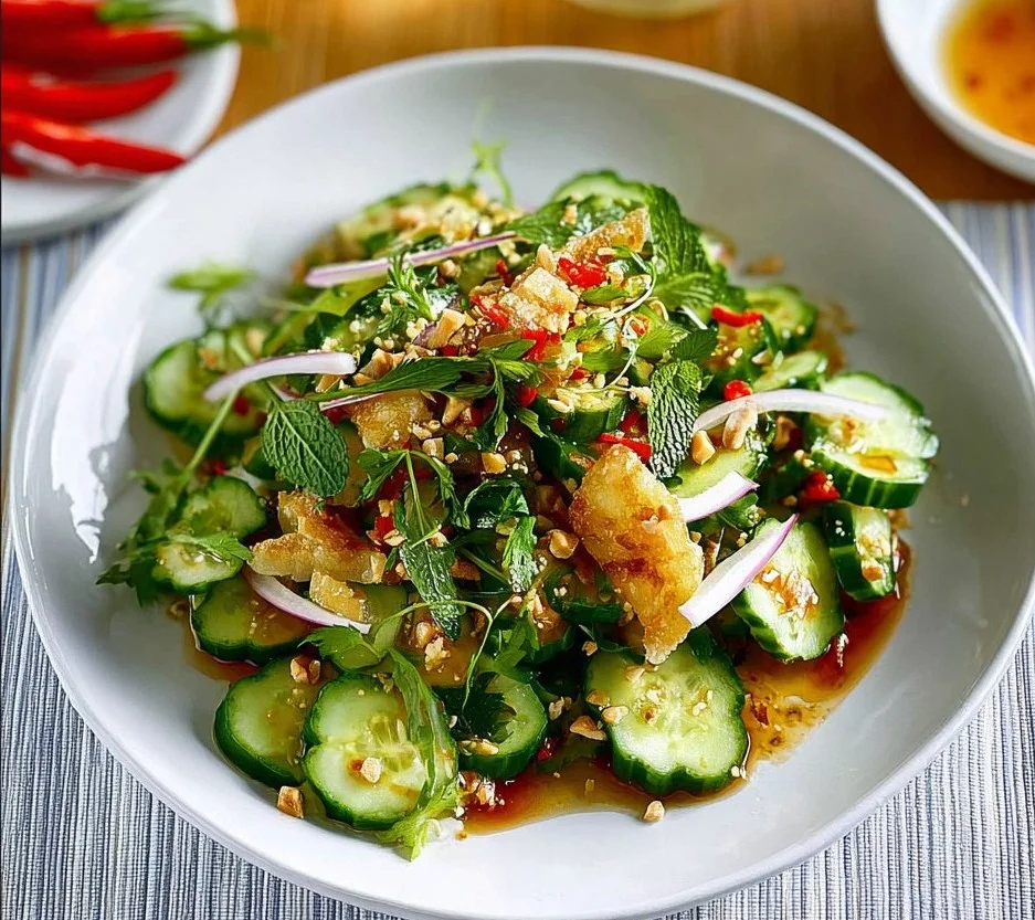 A colorful bowl of Thai Cucumber Salad with fresh herbs and veggies