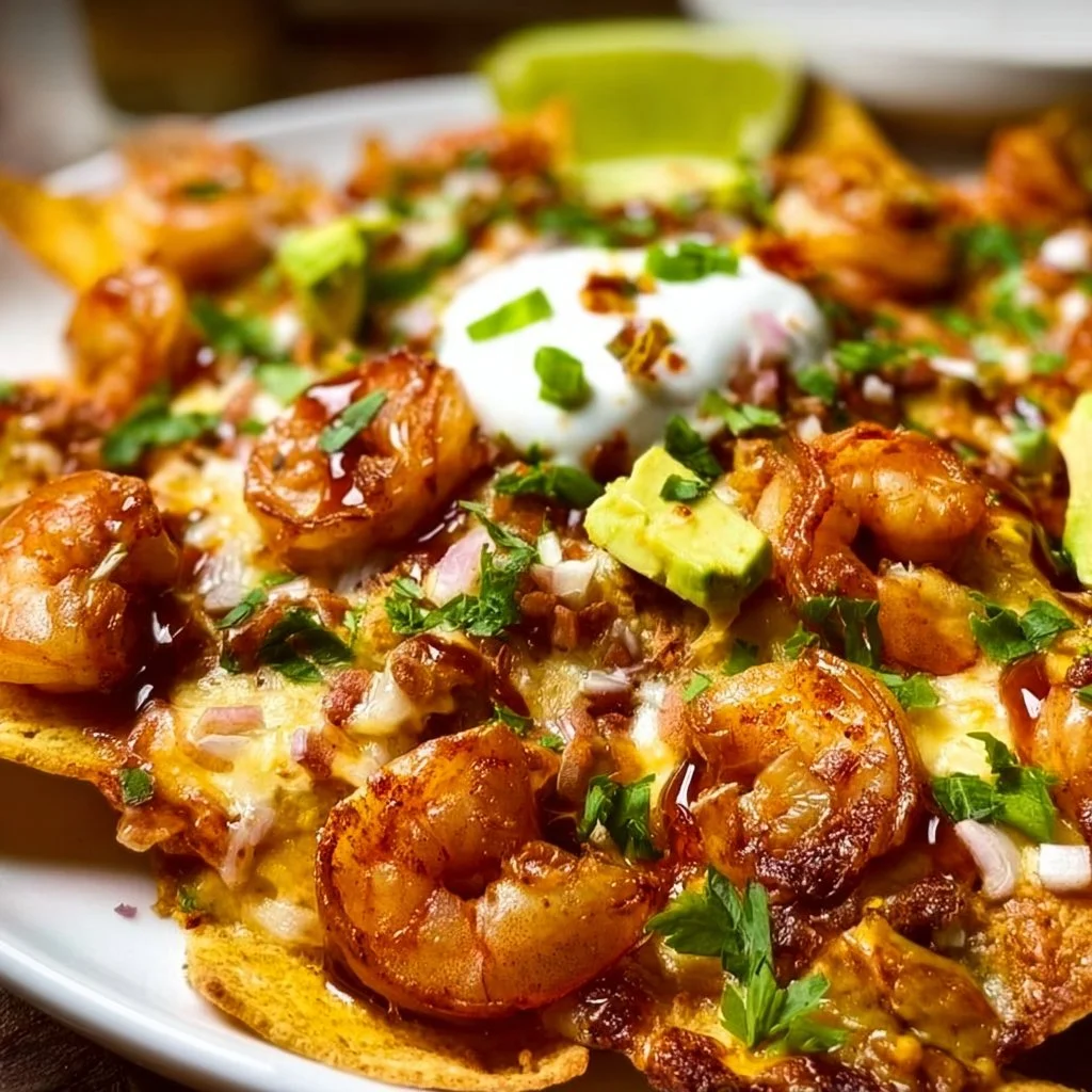 Delicious sheetpan shrimp nachos topped with cheese, salsa, and jalapenos.
