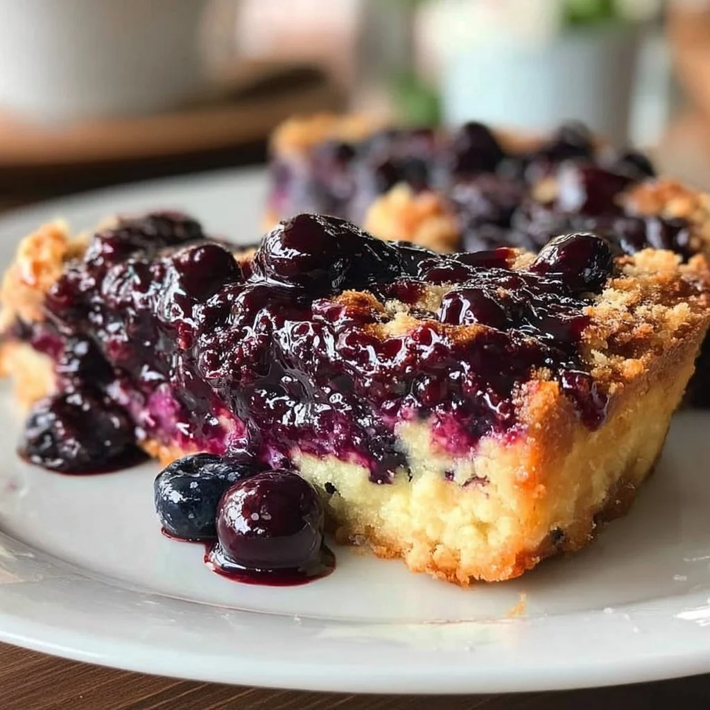 Traditional German Blueberry Cake topped with fresh blueberries and cream.
