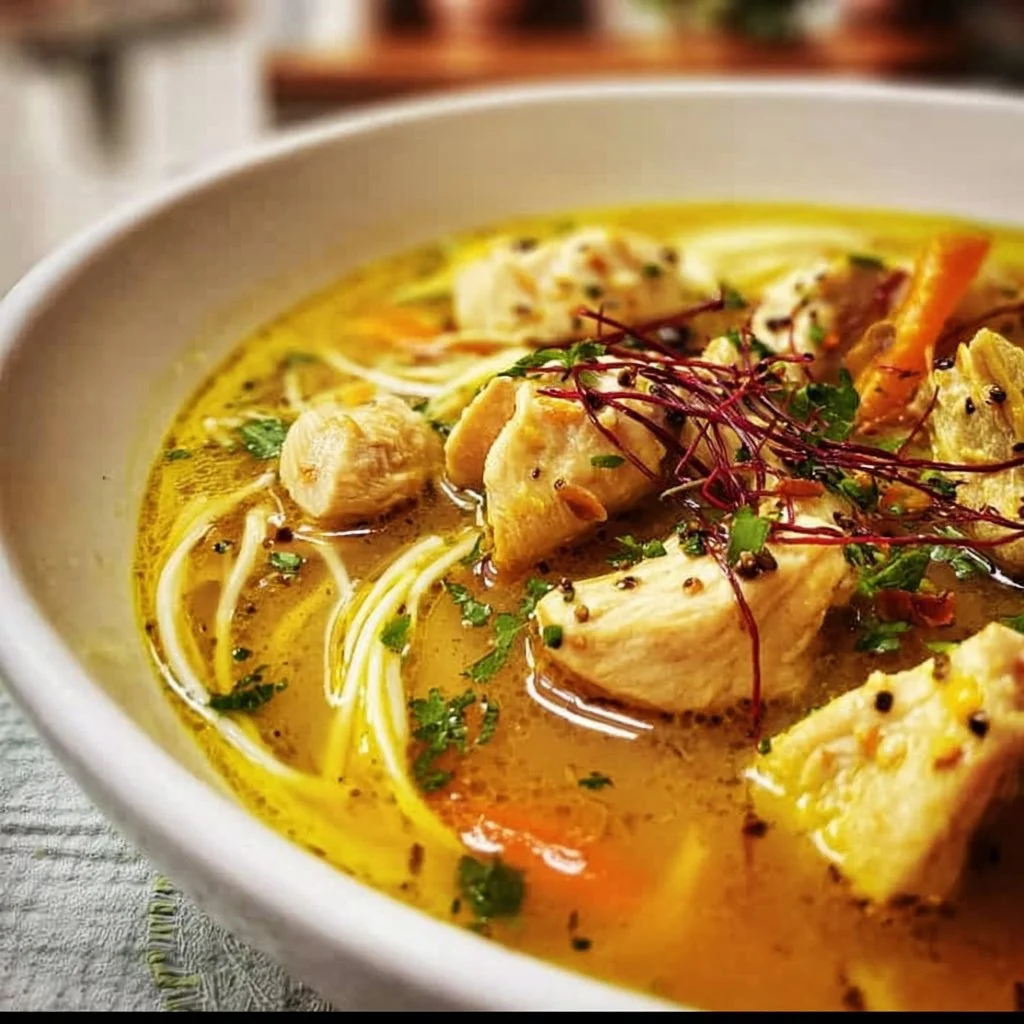 Delicious bowl of Turmeric-Ginger Chicken Soup with fresh ingredients