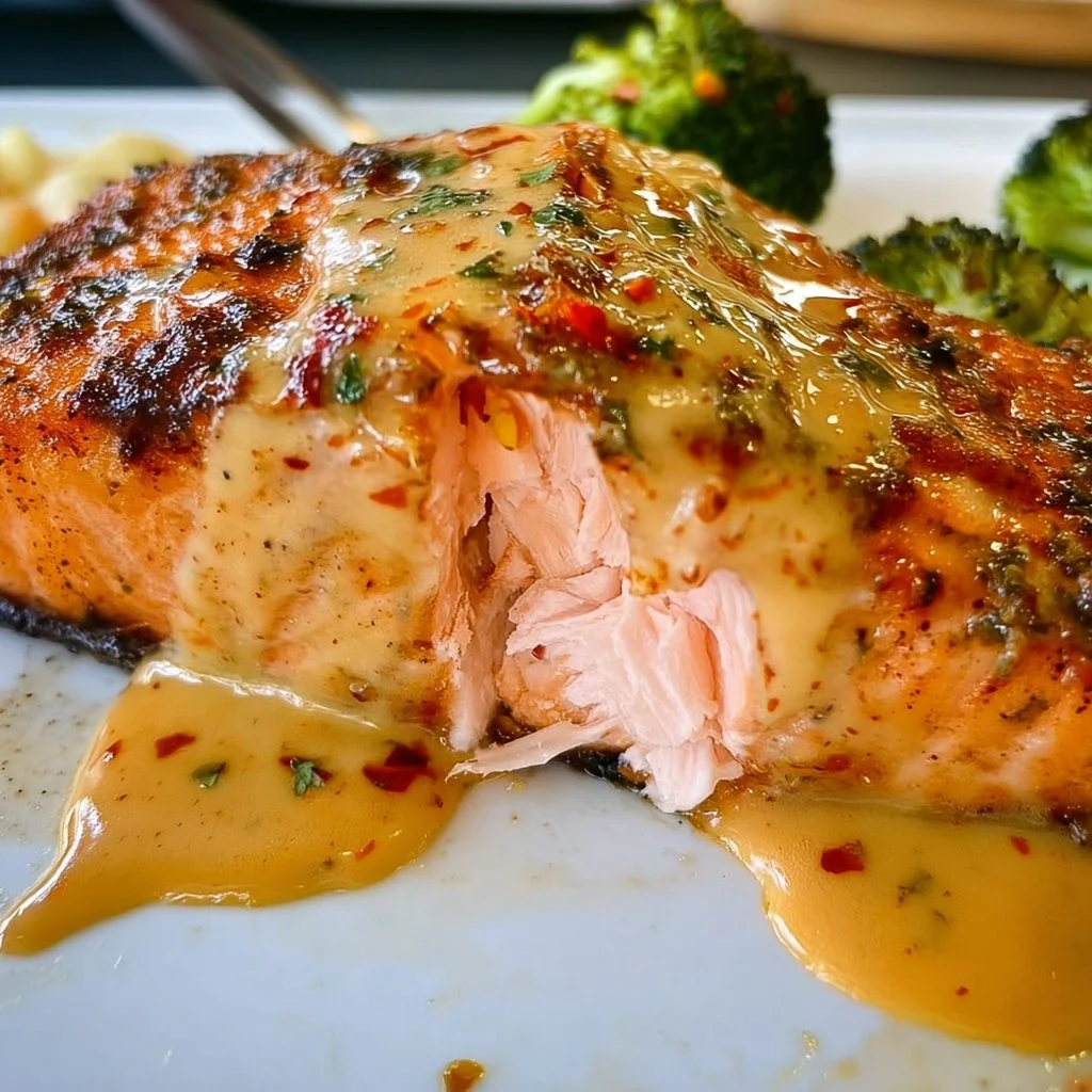 Plate of delicious Yellow Chili Salmon garnished with herbs and spices.