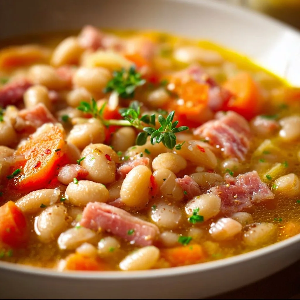 Bowl of low calorie ham and bean soup ready to serve