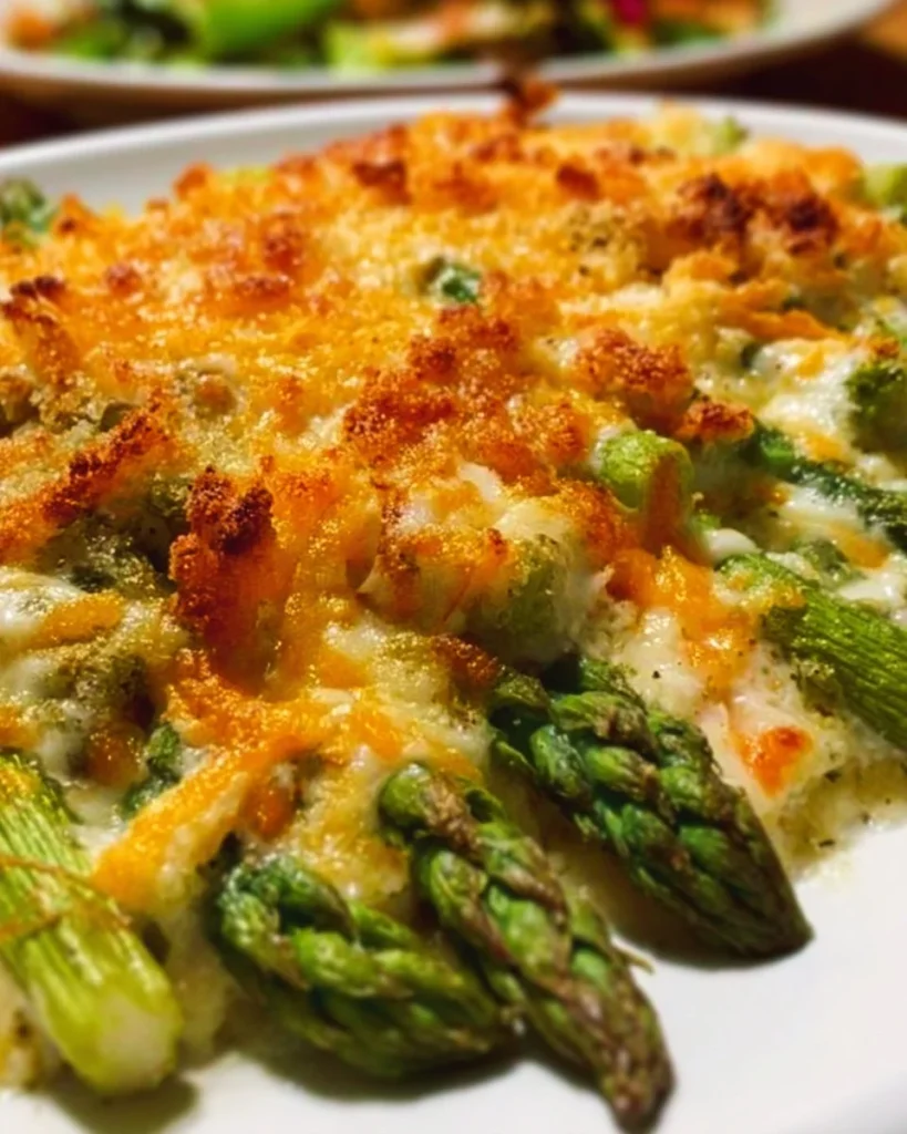 Delicious asparagus casserole served in a baking dish, garnished with herbs.