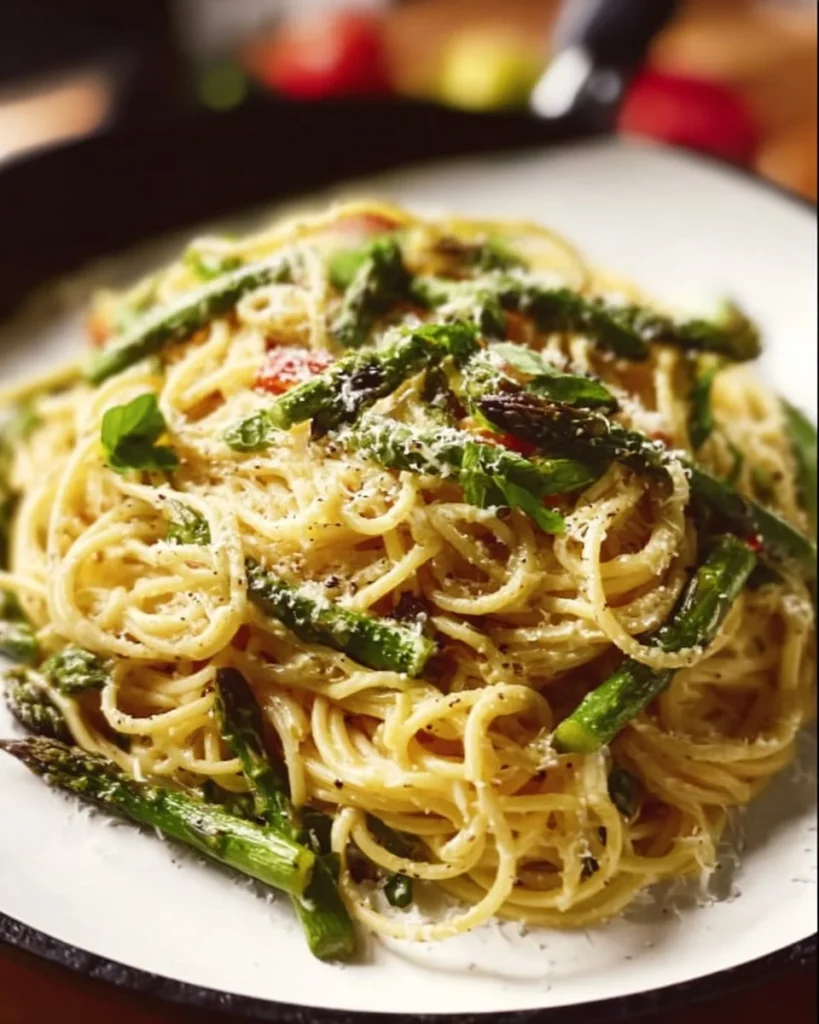 Delicious asparagus pasta dish garnished with fresh herbs