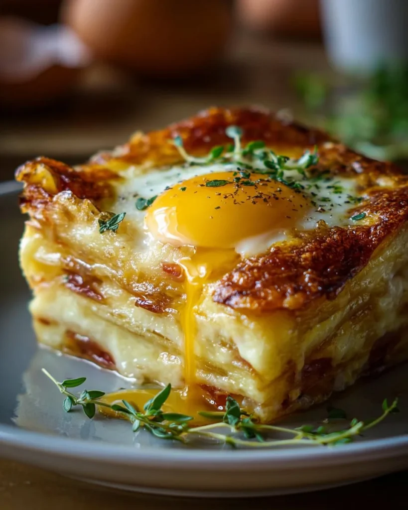 Baked eggs Napoleon served with fresh herbs, perfect for brunch.