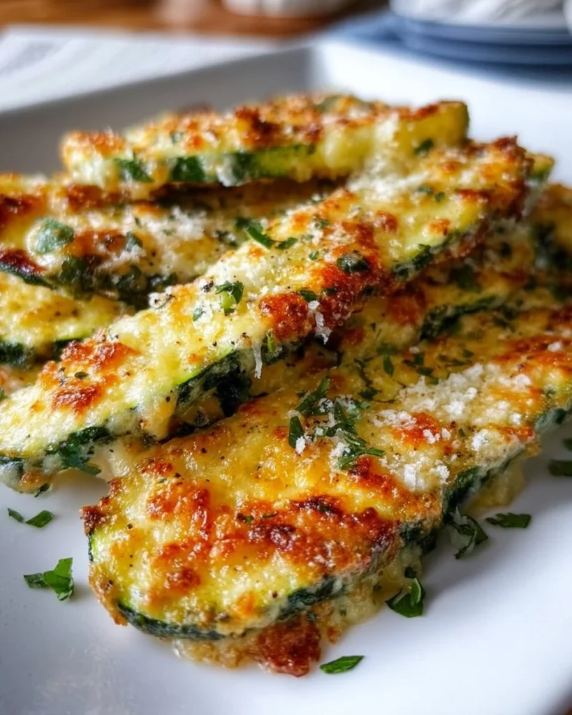 Crispy baked Parmesan zucchini slices topped with herbs and cheese