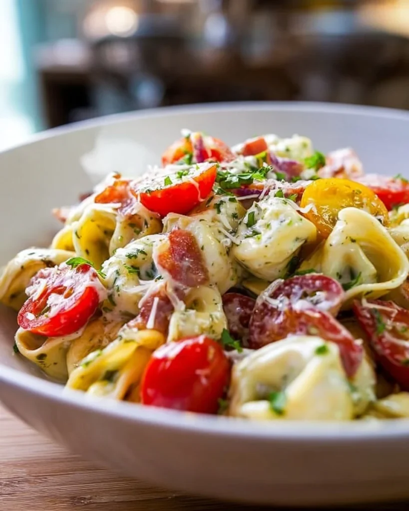 A vibrant dish of Grinder Tortellini Salad with fresh vegetables and dressing.