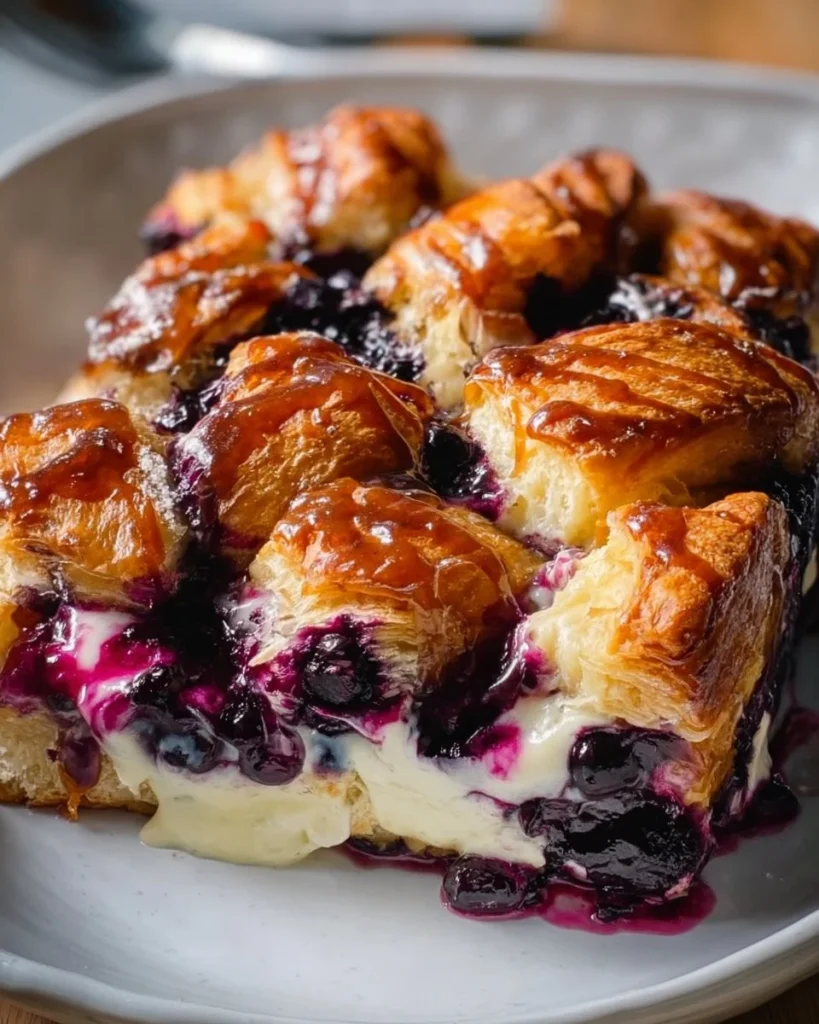 Delicious blueberry cream cheese croissant casserole served on a plate