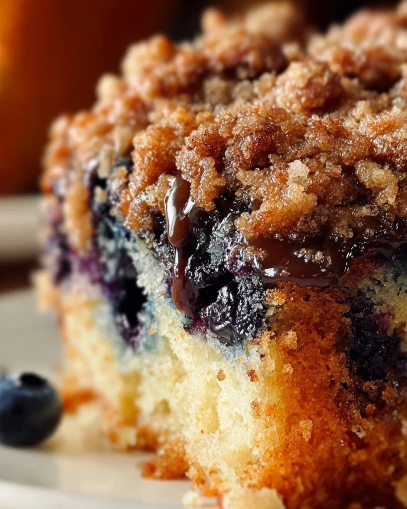 Blueberry muffin streusel cake topped with crumbly streusel and fresh blueberries