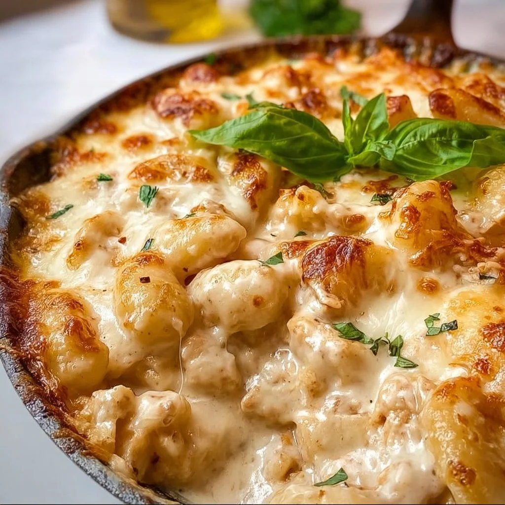 Creamy Chicken Alfredo Gnocchi Bake topped with cheese and fresh herbs